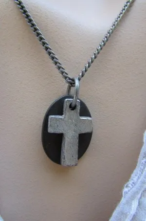 Silver Cross Dog Tag Style Necklace