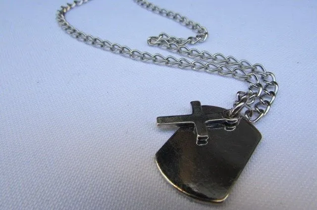 Silver Cross Dog Tag Style Necklace