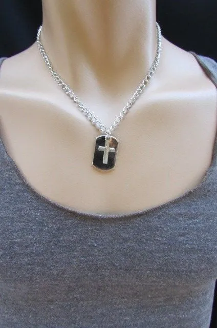 Silver Cross Dog Tag Style Necklace
