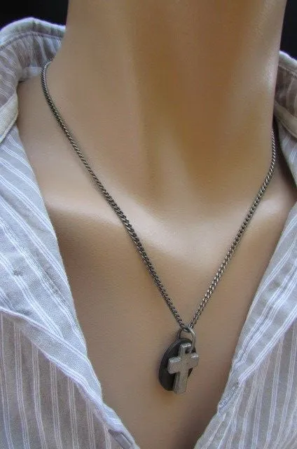 Silver Cross Dog Tag Style Necklace