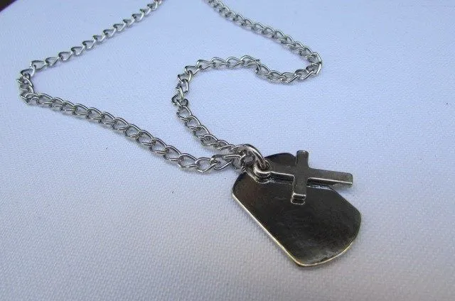 Silver Cross Dog Tag Style Necklace