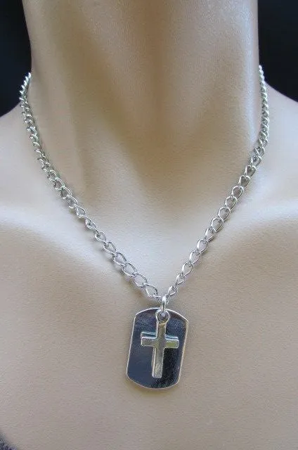 Silver Cross Dog Tag Style Necklace