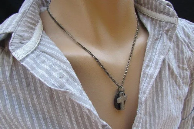 Silver Cross Dog Tag Style Necklace