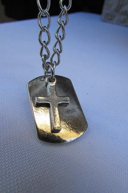 Silver Cross Dog Tag Style Necklace