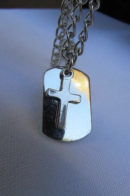 Silver Cross Dog Tag Style Necklace