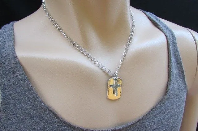Silver Cross Dog Tag Style Necklace