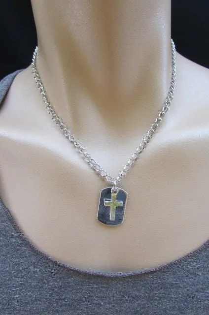 Silver Cross Dog Tag Style Necklace