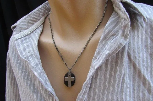 Silver Cross Dog Tag Style Necklace