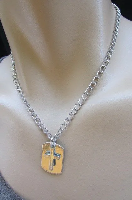 Silver Cross Dog Tag Style Necklace