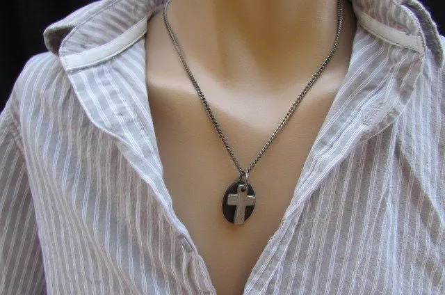 Silver Cross Dog Tag Style Necklace