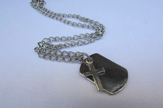 Silver Cross Dog Tag Style Necklace