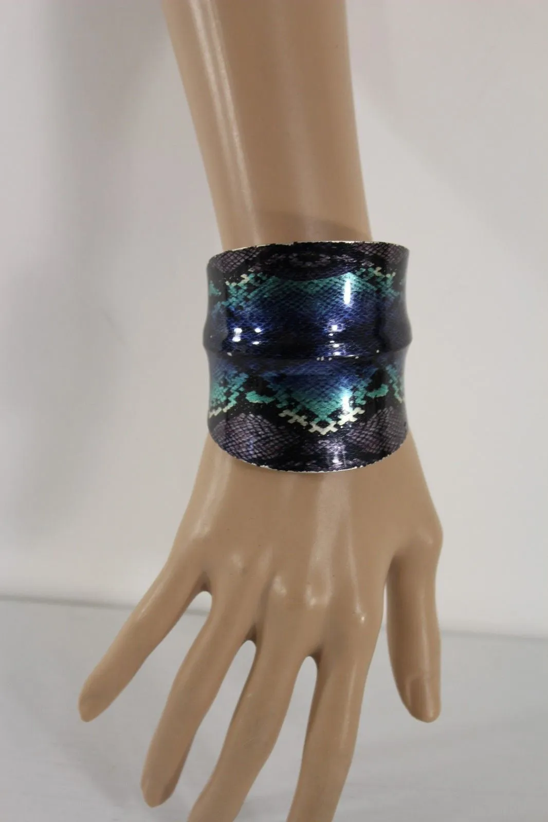 Silver Metal Cuff Bracelet Bangle Snake Blue Black Teal Print