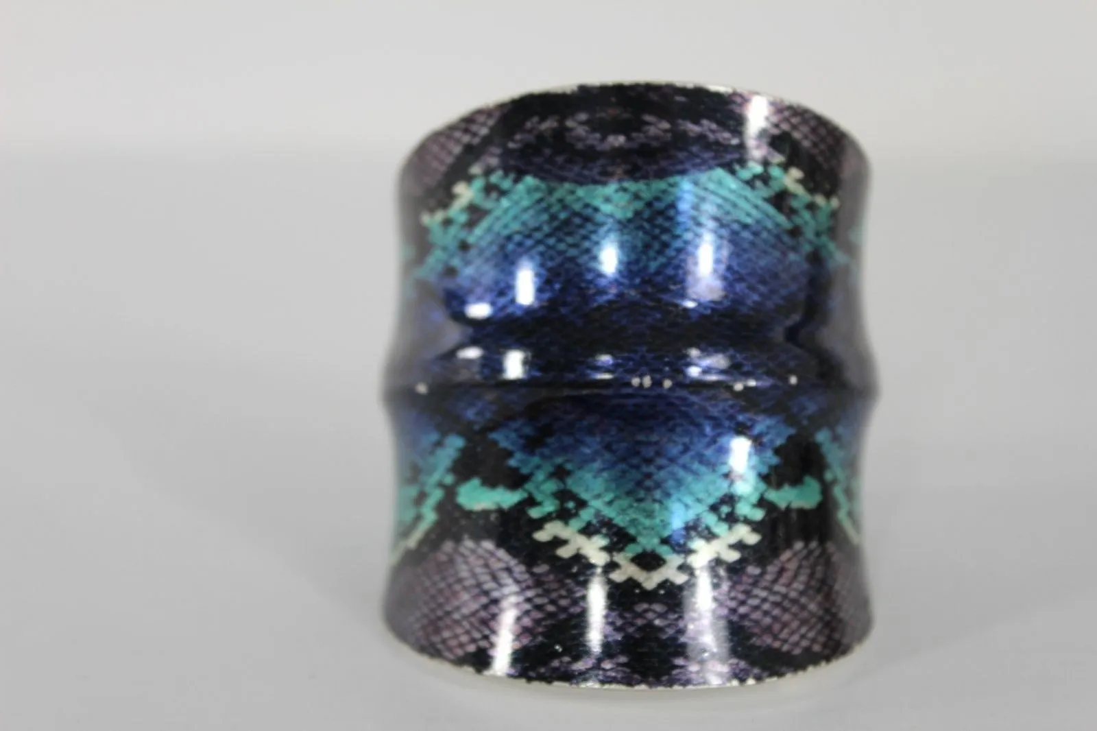 Silver Metal Cuff Bracelet Bangle Snake Blue Black Teal Print