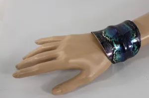 Silver Metal Cuff Bracelet Bangle Snake Blue Black Teal Print