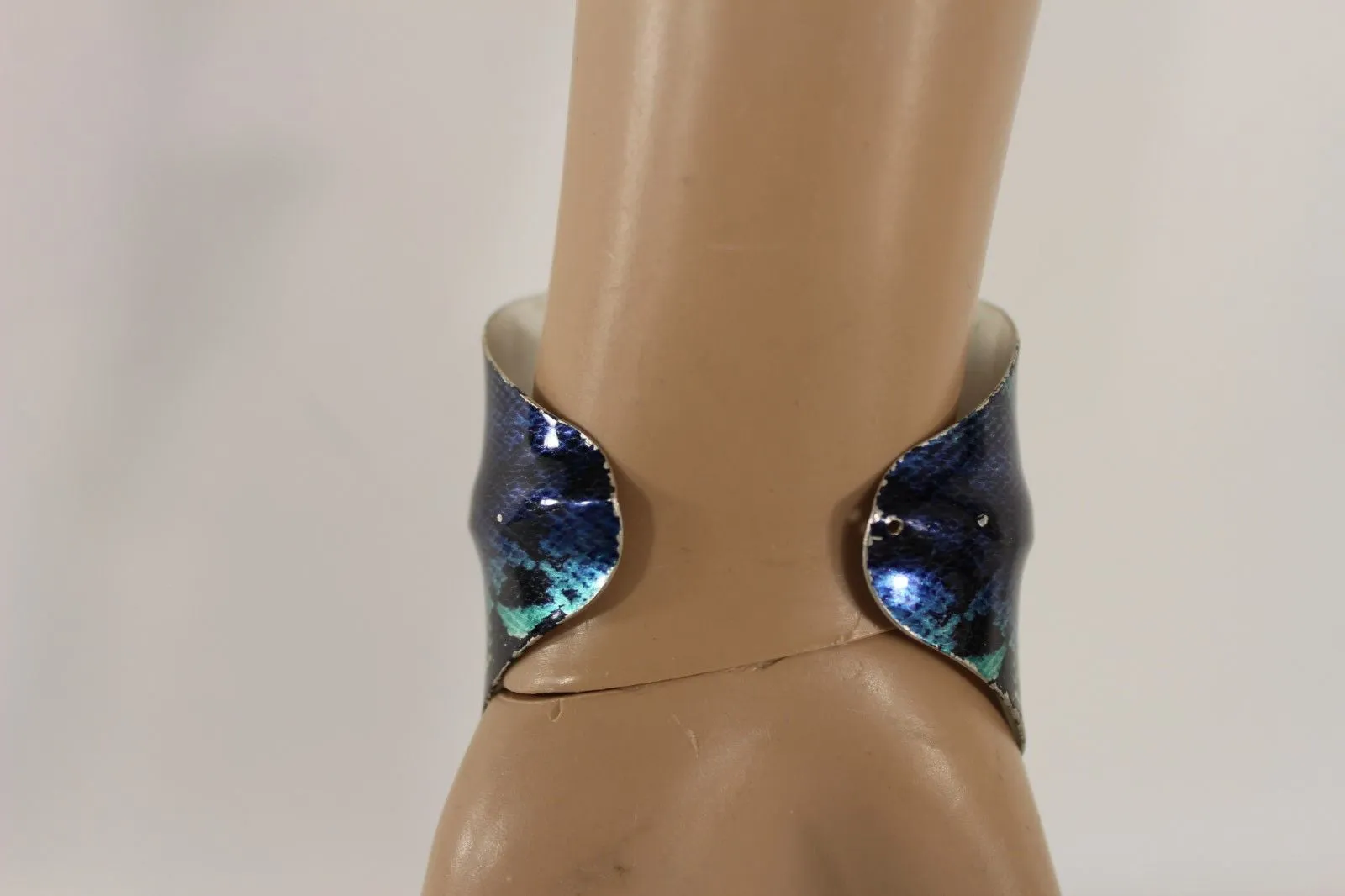 Silver Metal Cuff Bracelet Bangle Snake Blue Black Teal Print