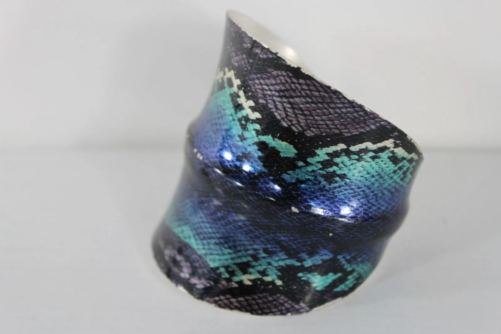 Silver Metal Cuff Bracelet Bangle Snake Blue Black Teal Print