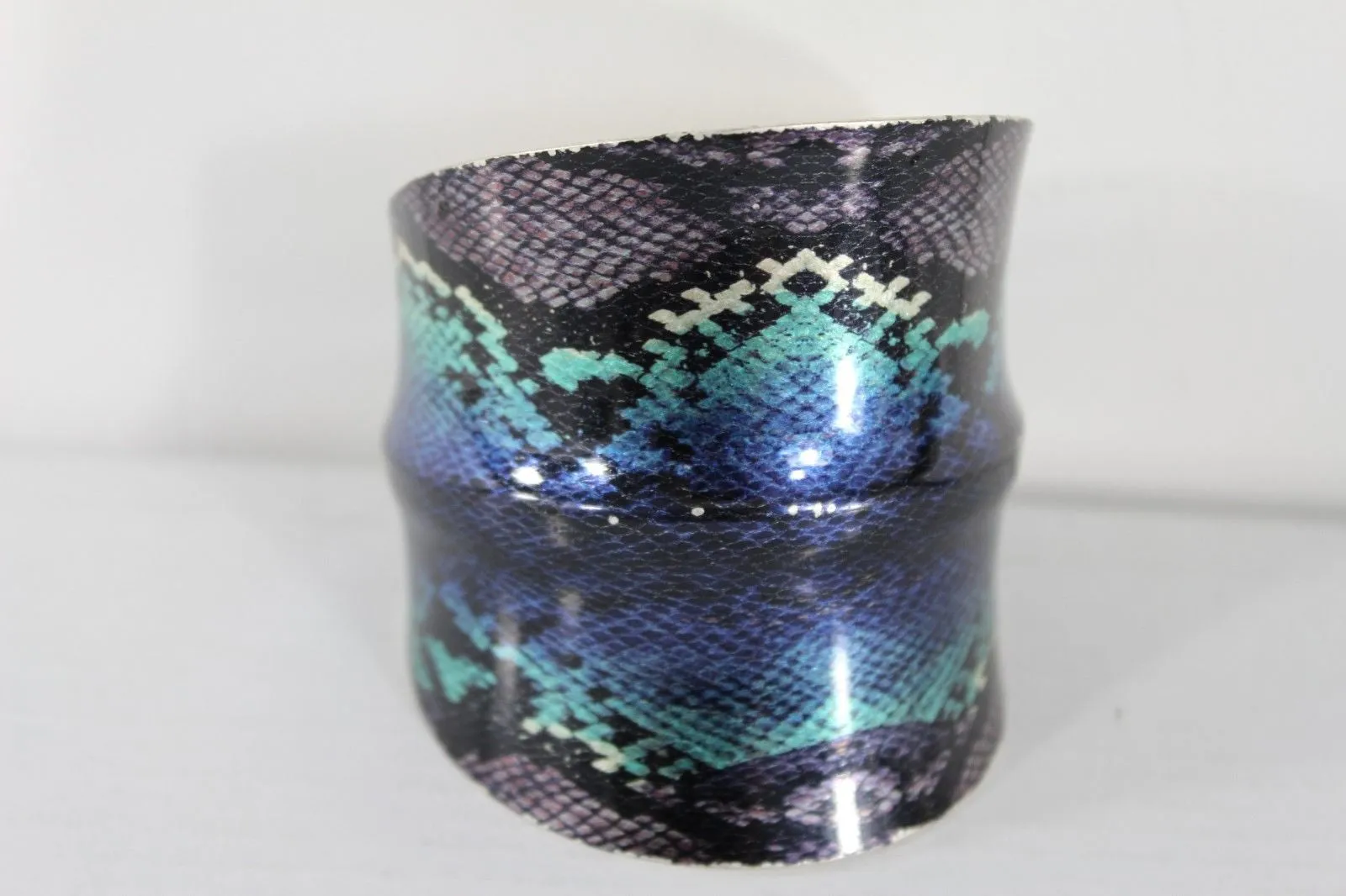 Silver Metal Cuff Bracelet Bangle Snake Blue Black Teal Print