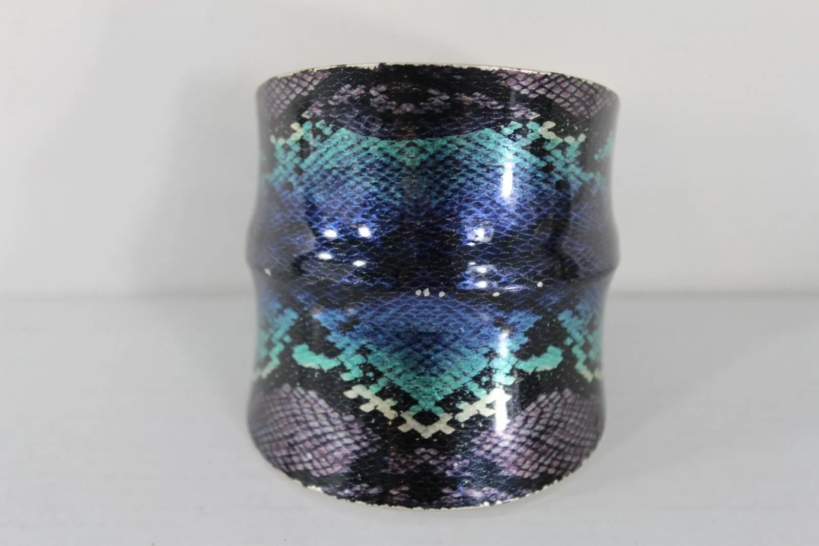 Silver Metal Cuff Bracelet Bangle Snake Blue Black Teal Print