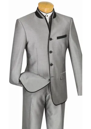 Slim Fit Banded Collar Shiny Sharkskin 2 Piece Suit Gray S4HT-1