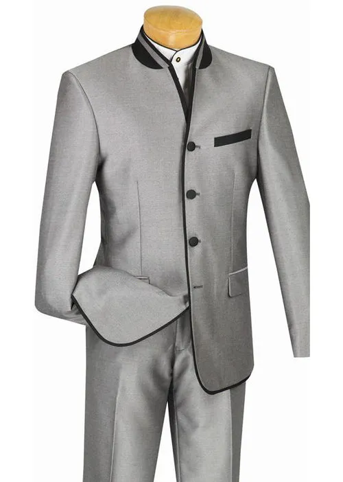 Slim Fit Banded Collar Shiny Sharkskin 2 Piece Suit Gray S4HT-1