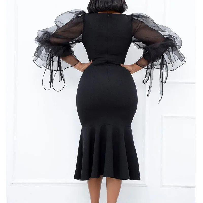 Solid Sheer Mesh Patchwork Fishtail Midi Dress