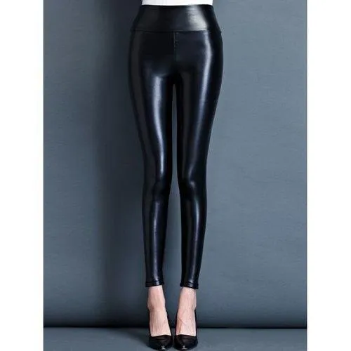 Stretchy Faux Leather Shiny Pants - Black M