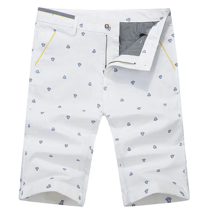 Summer Casual White Mens Polo Shorts Knee Length Straight Cotton Beach Shorts Fashion Print Men Short Pants Plus Size