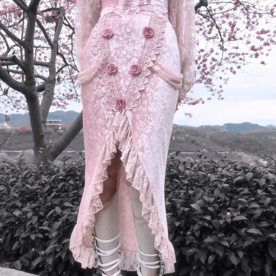 Summer Gothic Lace Rose Fishtail Skirt