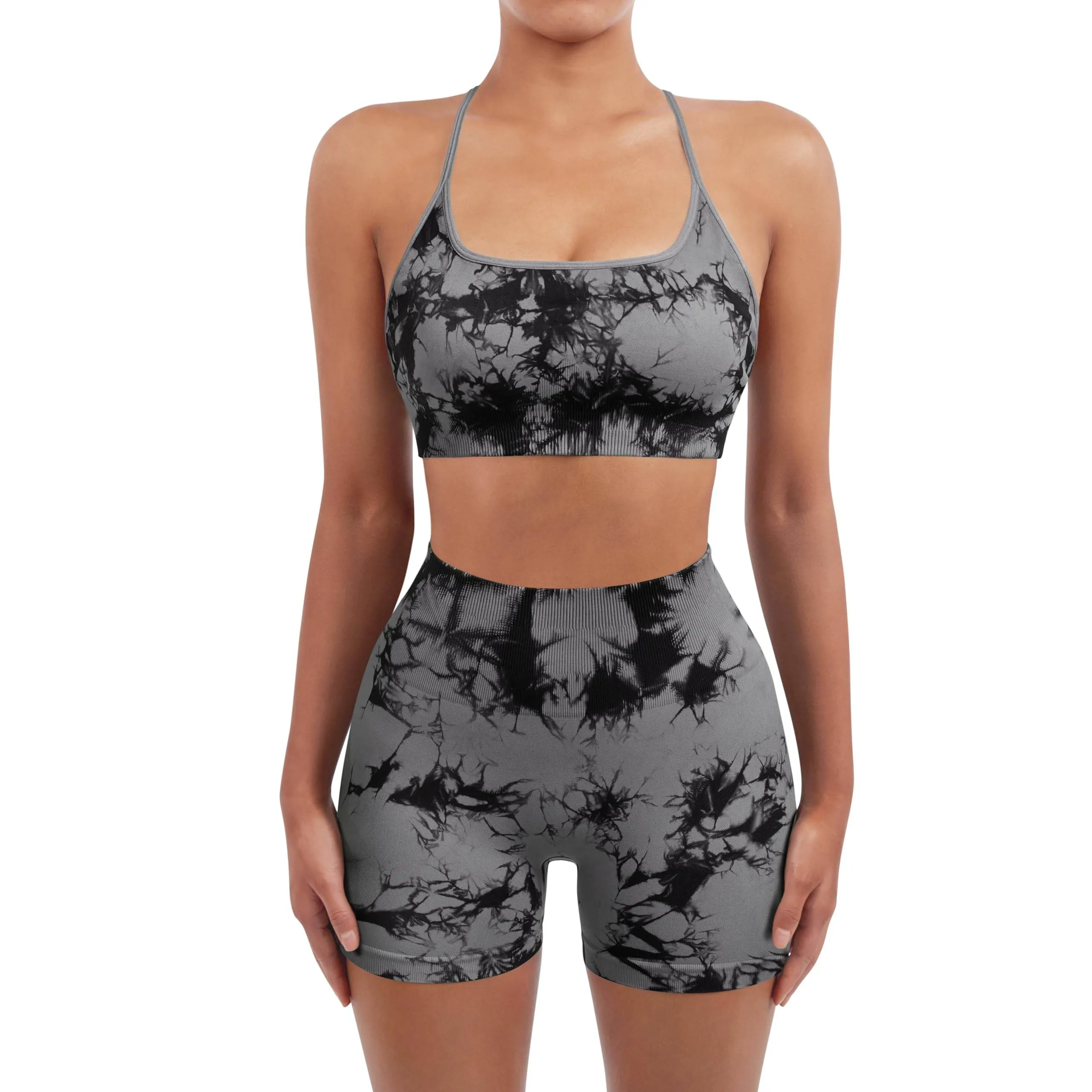 SUUKSESS Women Seamless 2 piece Workout Sets Strappy Padded Sports Bra Booty High Waisted Shorts Outfits (Black Grey,M)