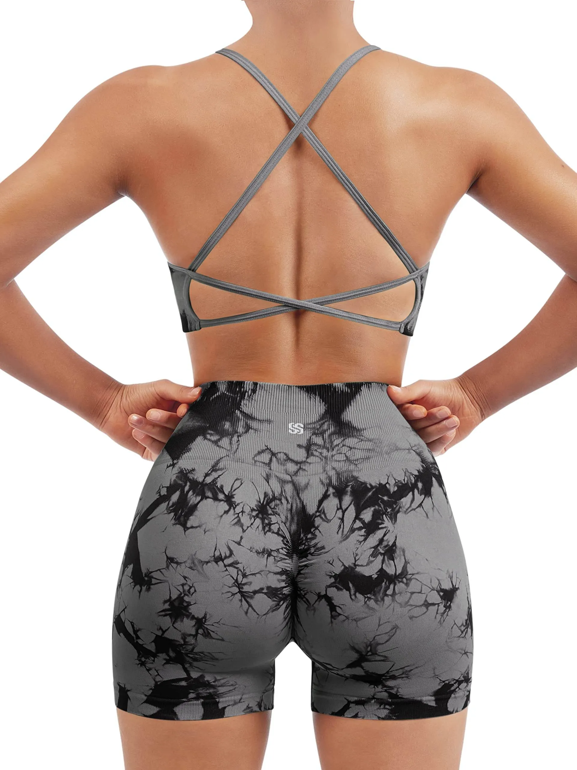 SUUKSESS Women Seamless 2 piece Workout Sets Strappy Padded Sports Bra Booty High Waisted Shorts Outfits (Black Grey,M)