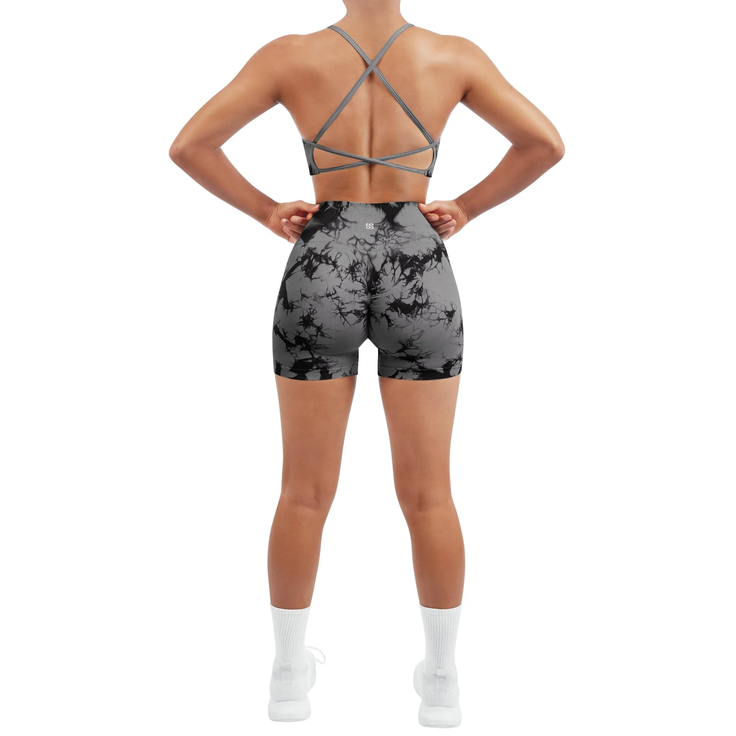 SUUKSESS Women Seamless 2 piece Workout Sets Strappy Padded Sports Bra Booty High Waisted Shorts Outfits (Black Grey,M)