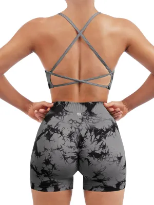SUUKSESS Women Seamless 2 piece Workout Sets Strappy Padded Sports Bra Booty High Waisted Shorts Outfits (Black Grey,M)