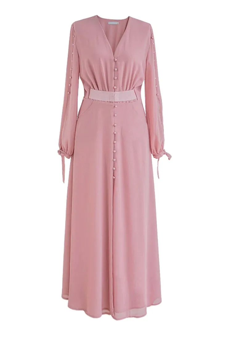 Theo Pink Vintage V Neck Long Sleeve Button High Elastic Waist Slit Slim Long Dress