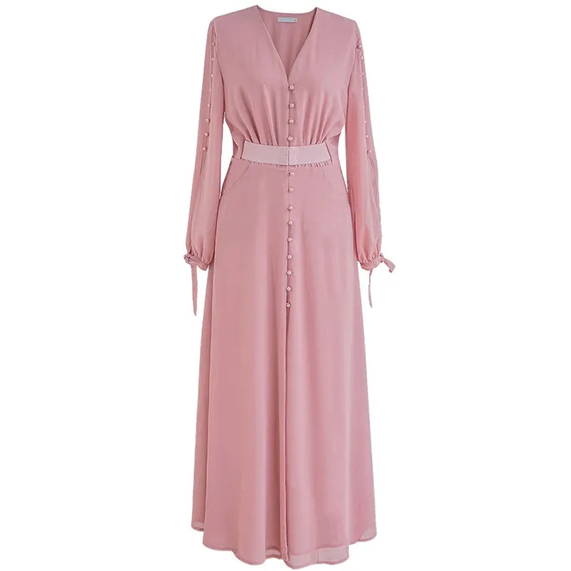 Theo Pink Vintage V Neck Long Sleeve Button High Elastic Waist Slit Slim Long Dress