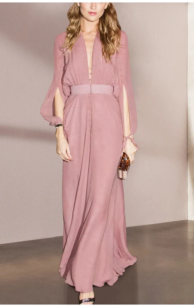 Theo Pink Vintage V Neck Long Sleeve Button High Elastic Waist Slit Slim Long Dress