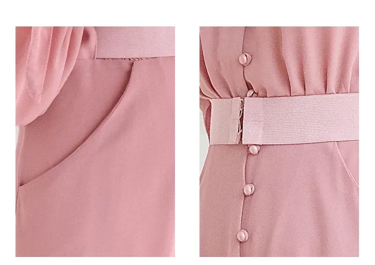 Theo Pink Vintage V Neck Long Sleeve Button High Elastic Waist Slit Slim Long Dress