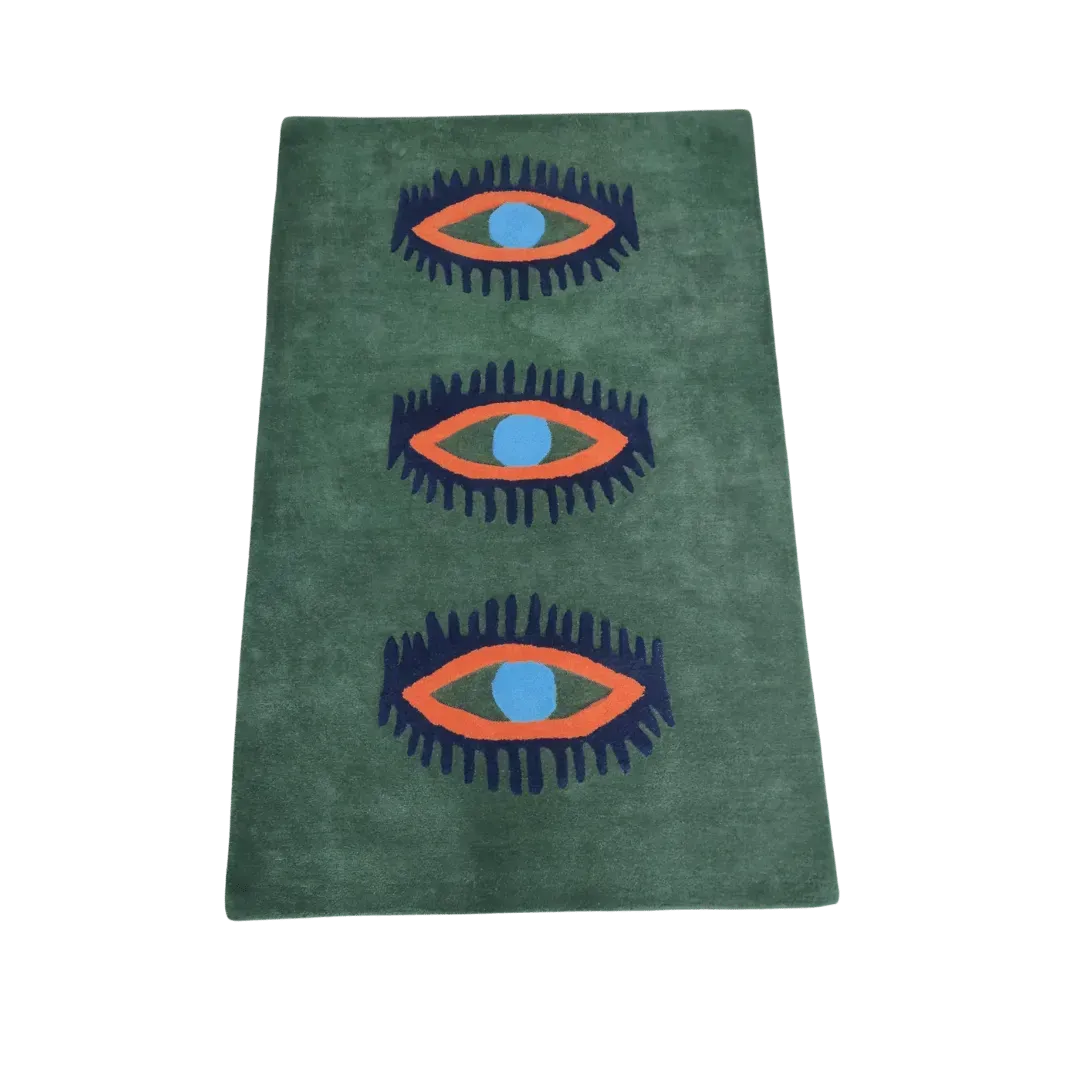 Three Evil Eyes Green Hand Tufted Wool Rug - Classic