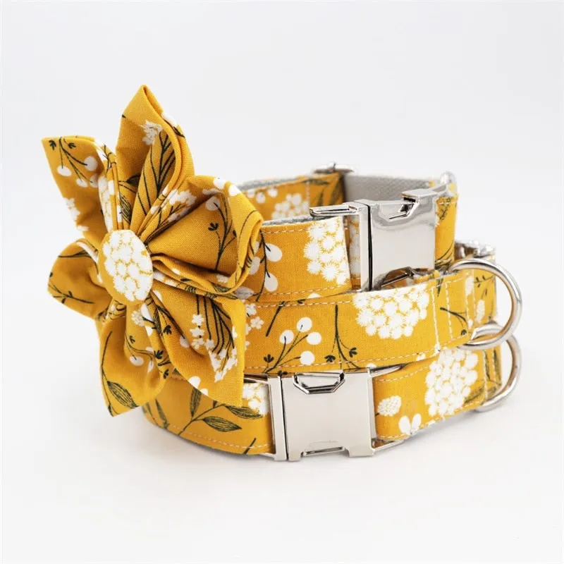 Trendy Mustard Yellow Floral Flower Collar |  Personalized Dog ID Collars