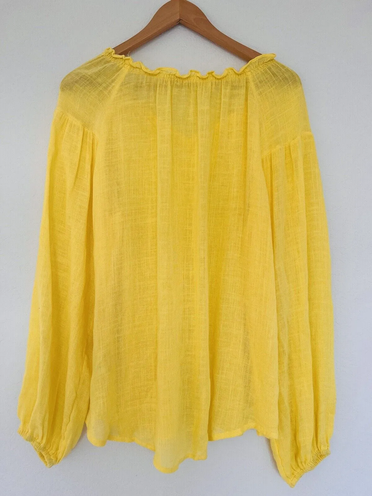 UMGEE Bright Yellow Top Sz L Balloon Sleeves Linen Blend Lightweight Pullover