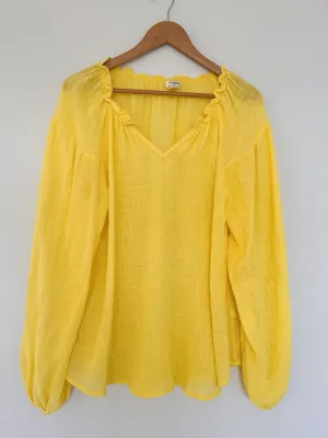UMGEE Bright Yellow Top Sz L Balloon Sleeves Linen Blend Lightweight Pullover