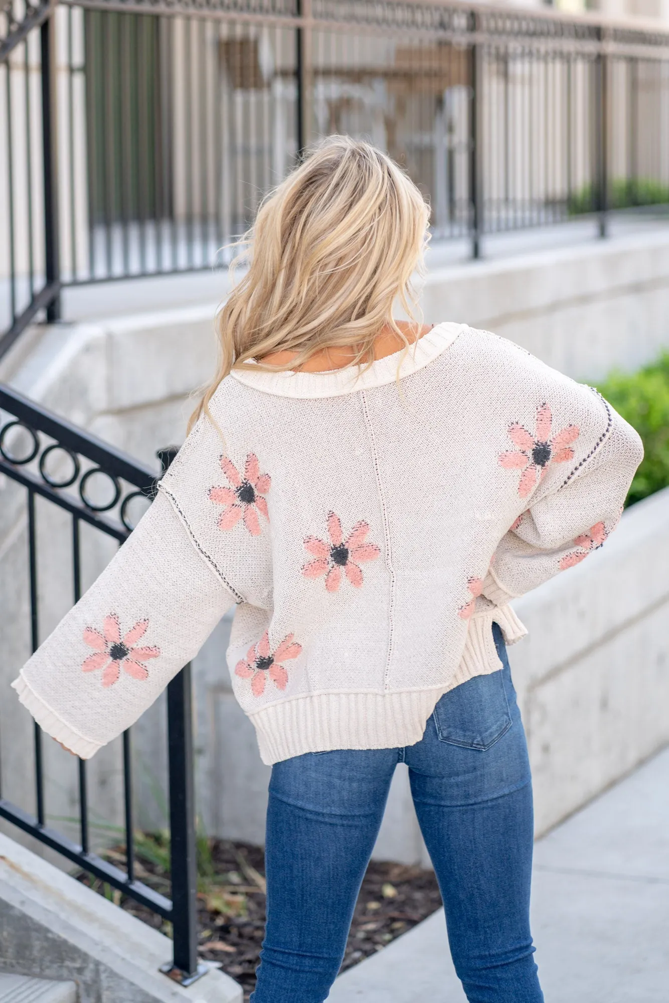 V-Neck Floral Pattern Chenille Sweater