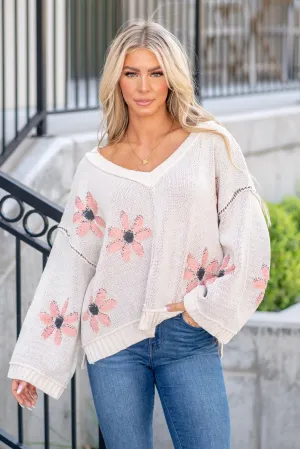 V-Neck Floral Pattern Chenille Sweater