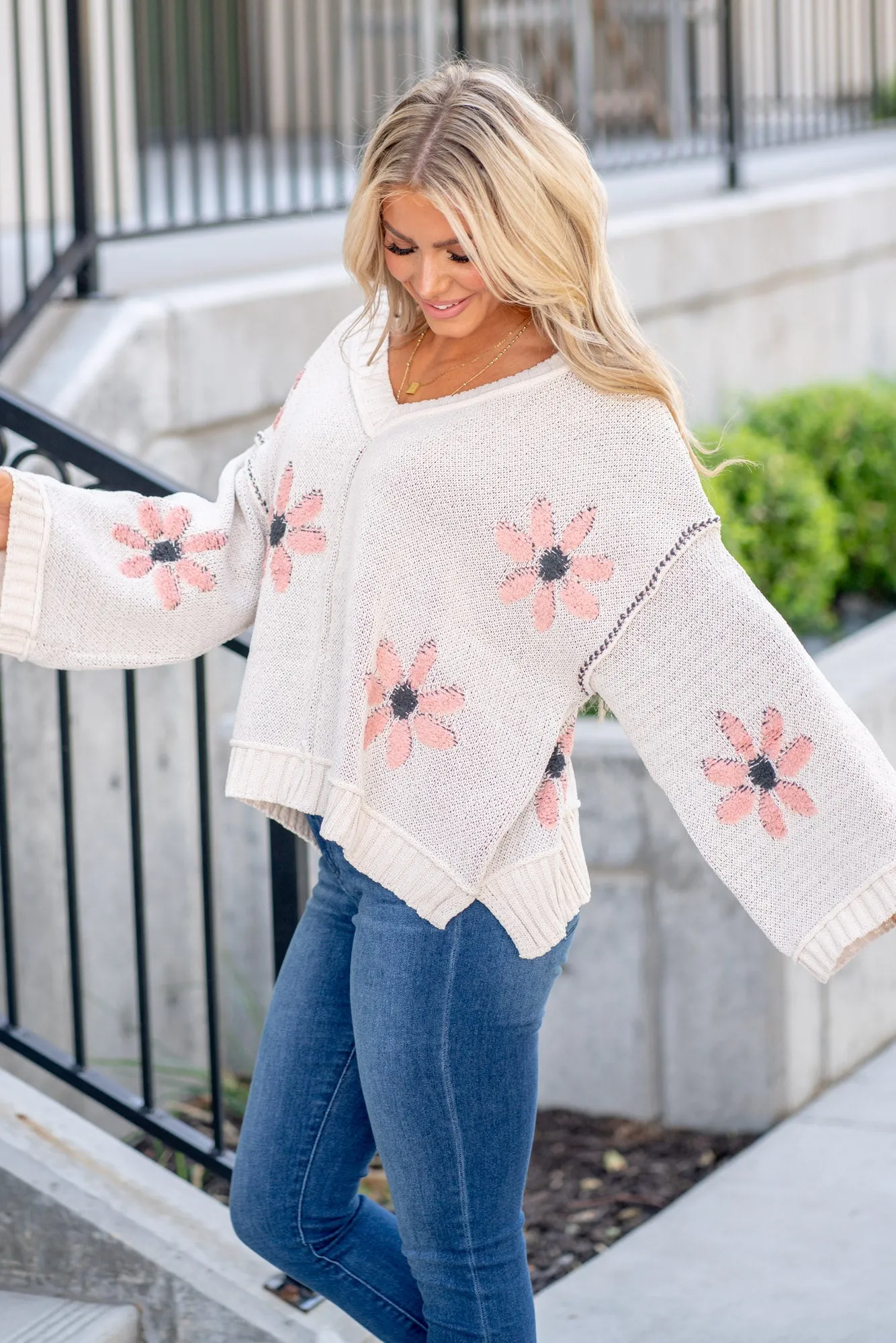 V-Neck Floral Pattern Chenille Sweater