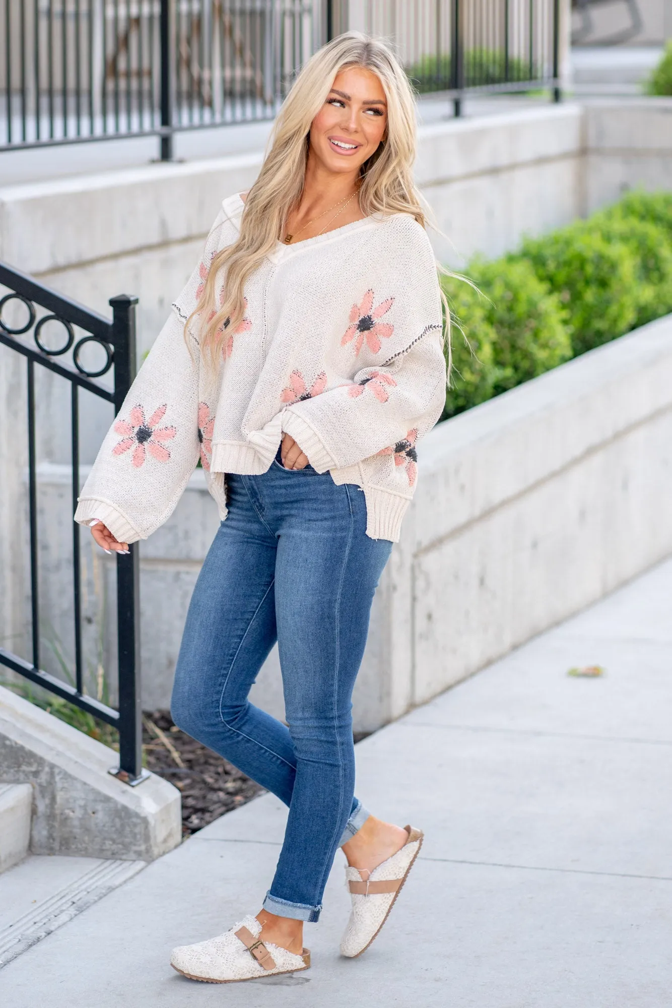 V-Neck Floral Pattern Chenille Sweater