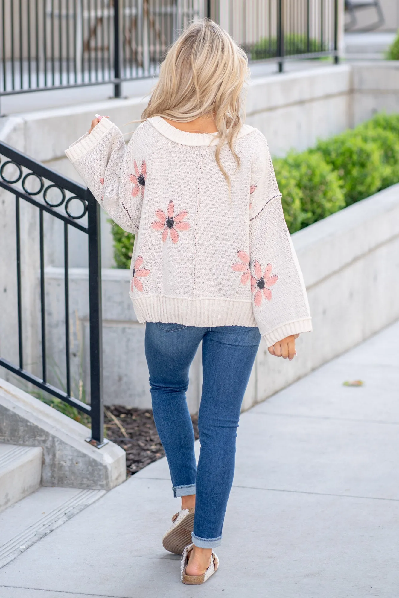 V-Neck Floral Pattern Chenille Sweater