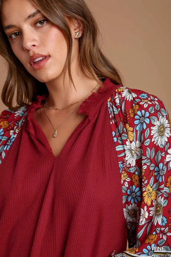 Wendy Floral Print 3/4 Sleeves Thermal Knit Top
