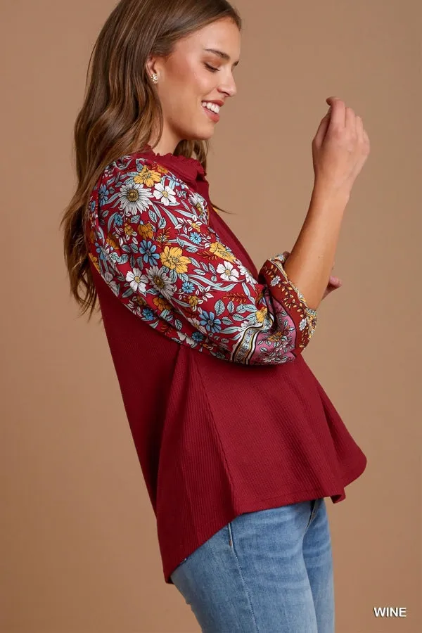 Wendy Floral Print 3/4 Sleeves Thermal Knit Top