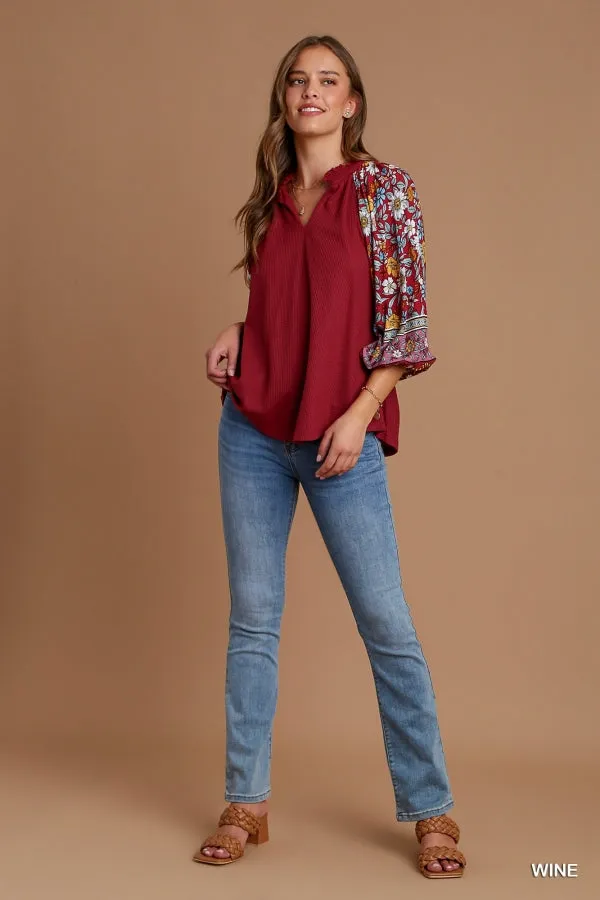 Wendy Floral Print 3/4 Sleeves Thermal Knit Top