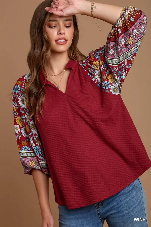 Wendy Floral Print 3/4 Sleeves Thermal Knit Top