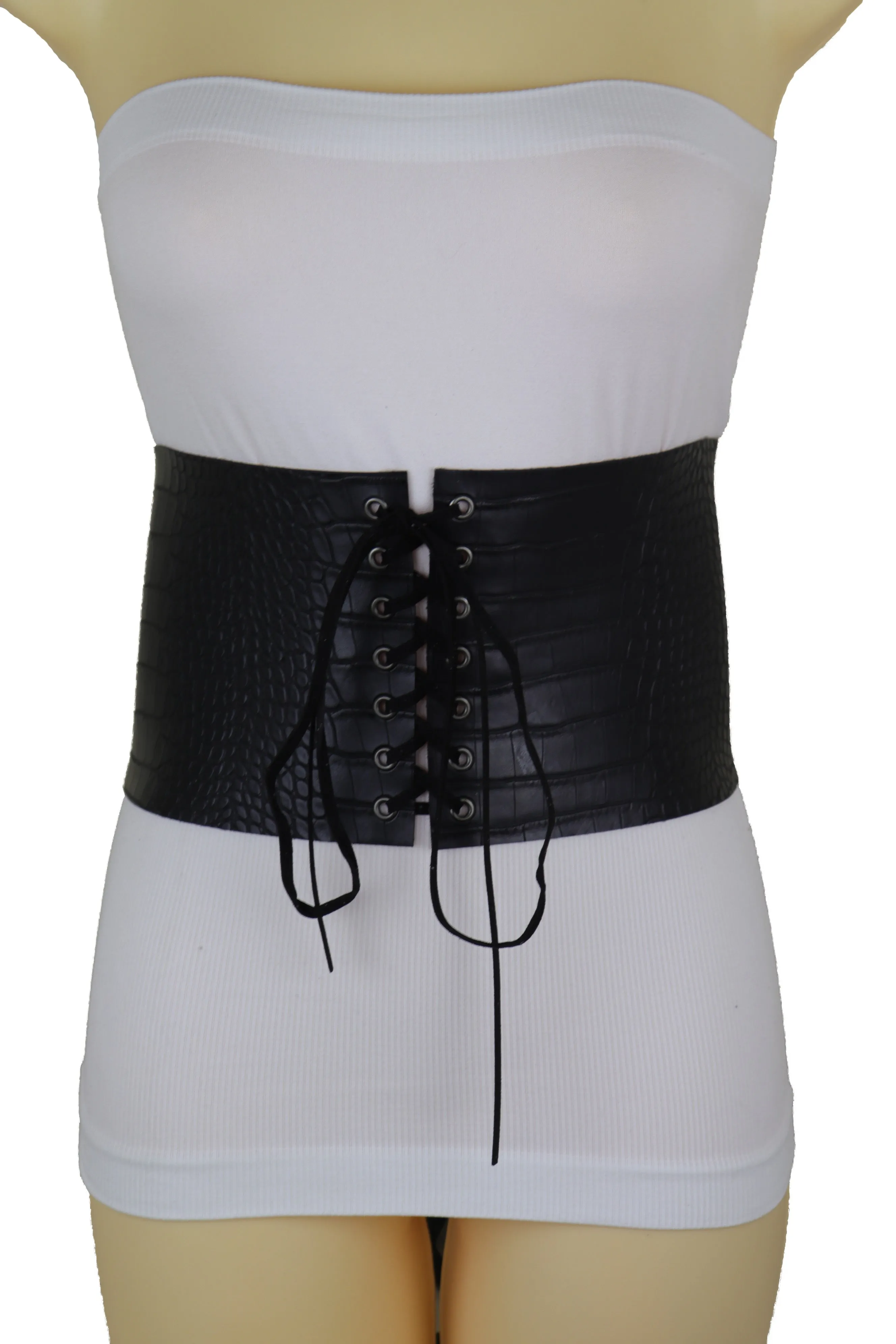 Wide Black Corset Western Fashion Belt Faux Crocodile Leather M